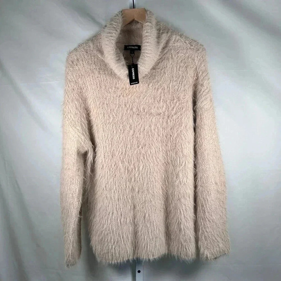 Express Size Medium Cowl Neck Sweater Tan Cozy Oversized - Picture 6 of 10